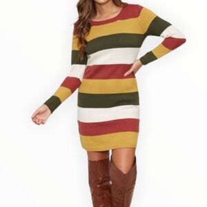 Peach Love Dress Stripes Multi-Color Cable Knit Preppy Mini Long Sleeve